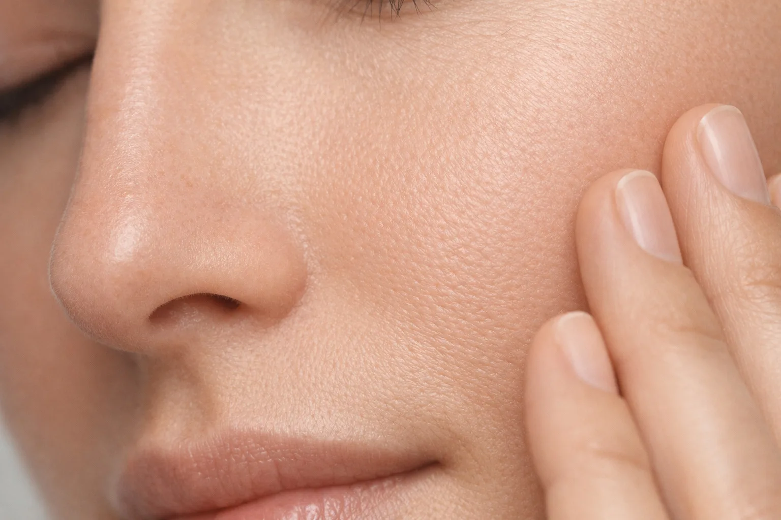 Particolare del volto femminile che mette in evidenza la naturalezza e la qualità della pelle.