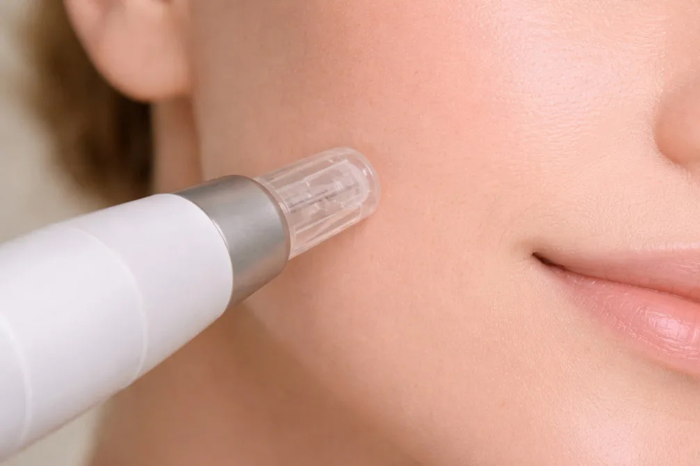 Applicazione di trattamento con dispositivo medico su cute, simbolo di interventi mirati e controllati.