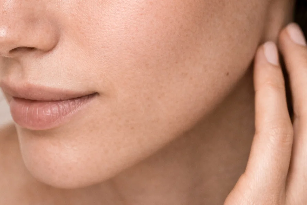 Primo piano di guancia femminile con texture uniforme, che valorizza una pelle levigata e naturalmente luminosa.