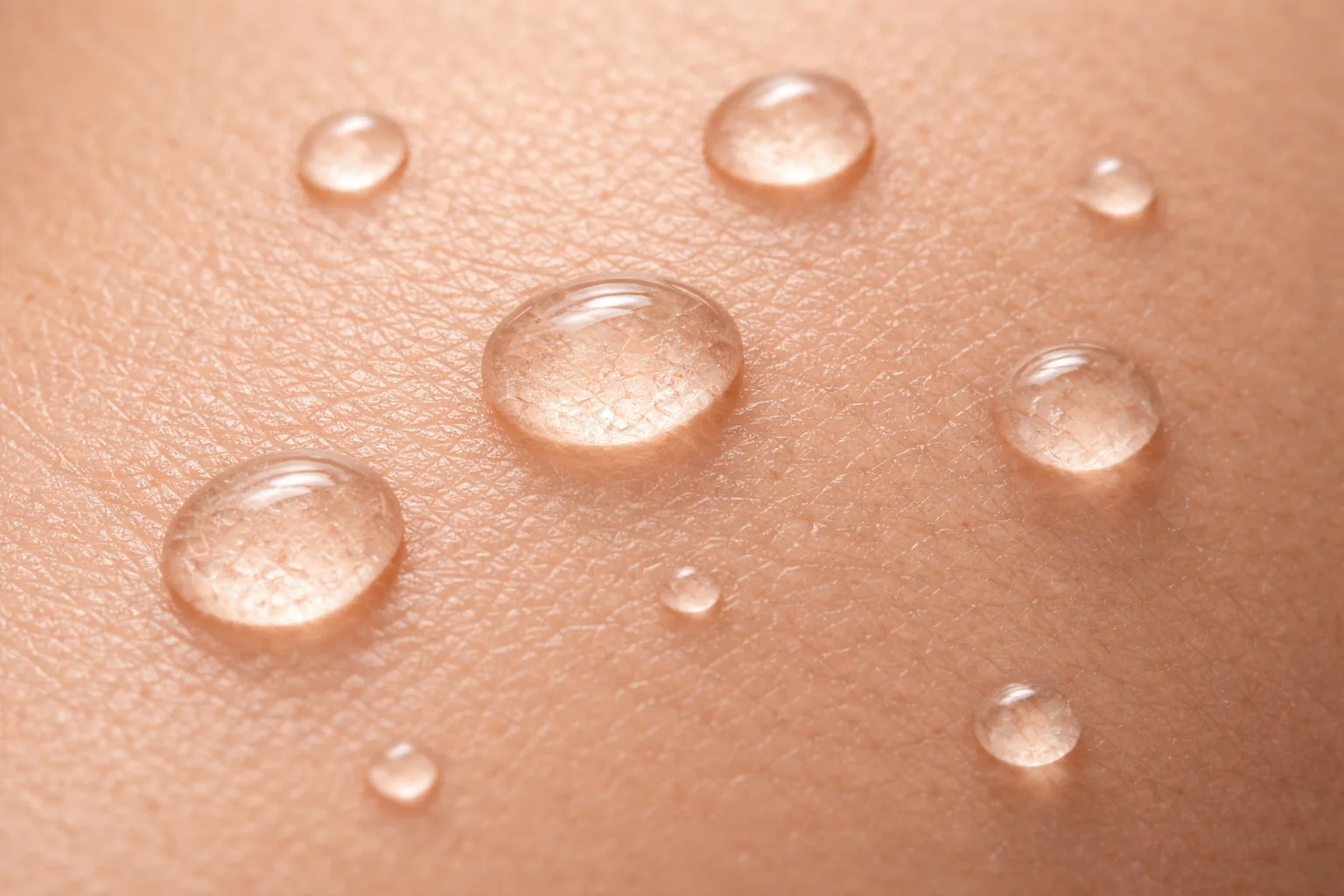 Superficie cutanea con gocce di prodotto, rappresentazione visiva dell’idratazione e dell’apporto di attivi per il benessere della pelle.