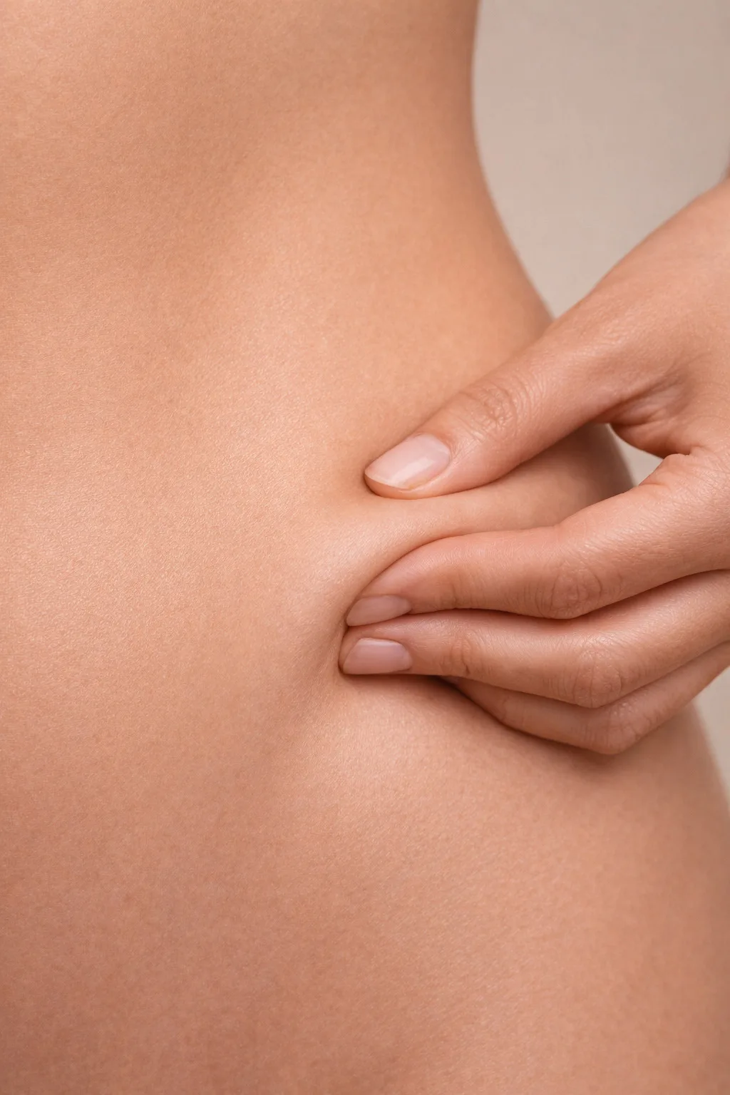 Dettaglio di addome femminile con gesto manuale, rappresentazione di trattamenti corpo mirati al miglioramento della qualità cutanea.