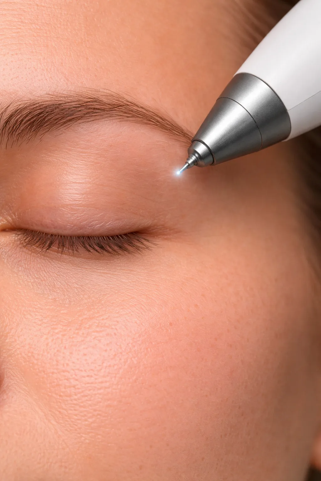 Trattamento estetico in area perioculare con strumento medico, focalizzato sulla precisione e sulla cura delle zone delicate del volto.