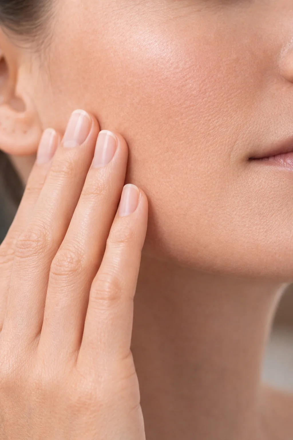 Volto femminile in primo piano con mano a contatto con la pelle, gesto che richiama attenzione alla qualità e alla salute cutanea.