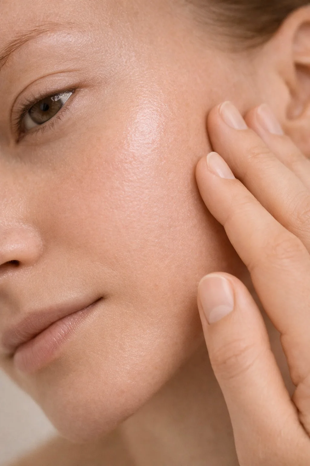 Primo piano di volto femminile con mano a contatto con la pelle, espressione di equilibrio, luminosità e cura estetica.