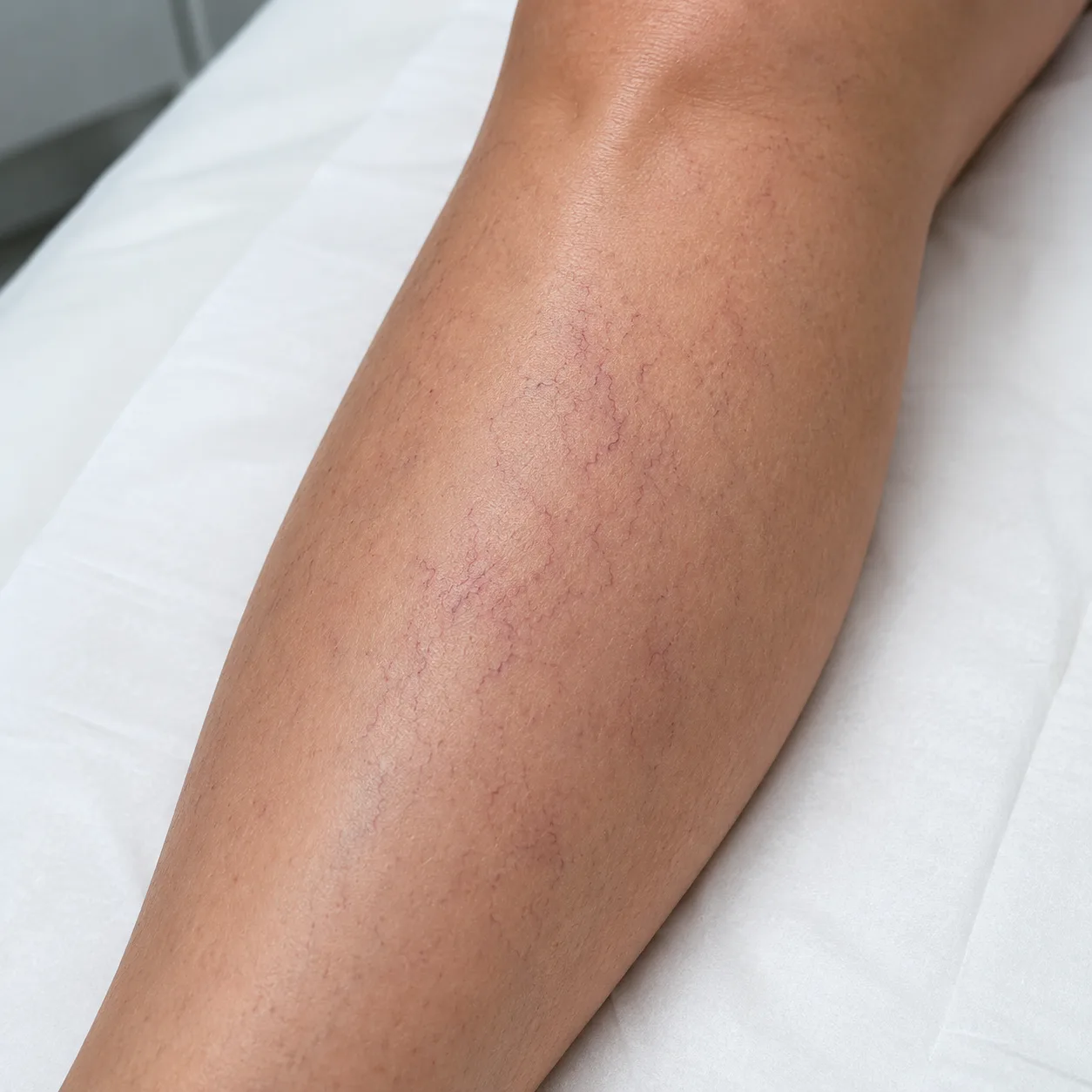 Capillari visibili su gamba appoggiata su lettino medico bianco