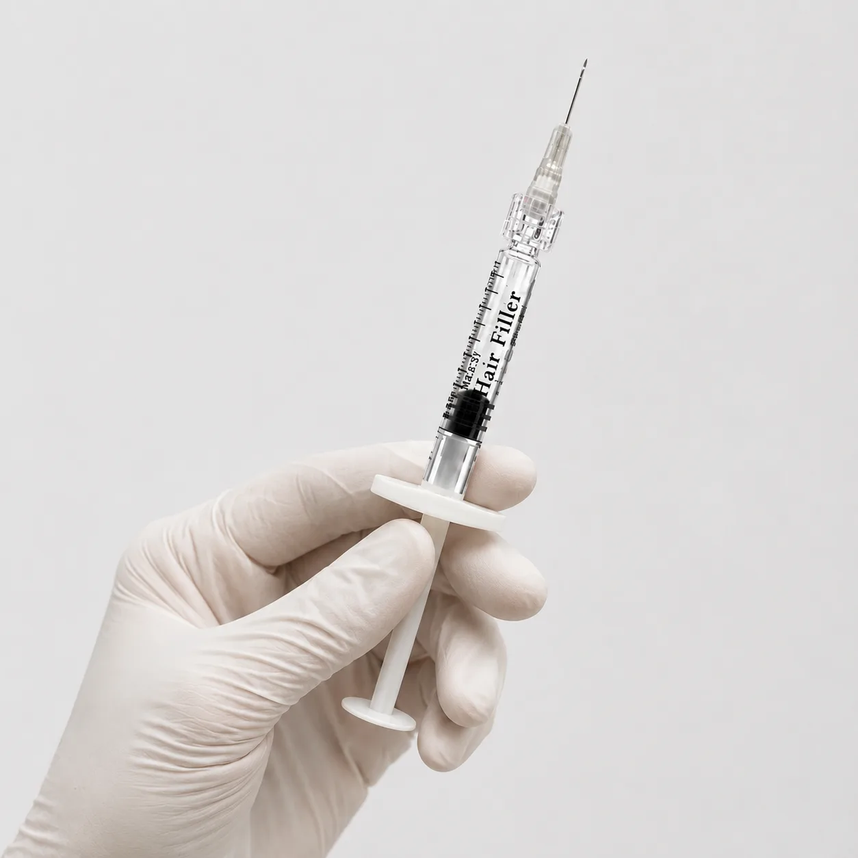 Mano guantata che impugna una siringa di hair filler per trattamento biorivitalizzante del cuoio capelluto