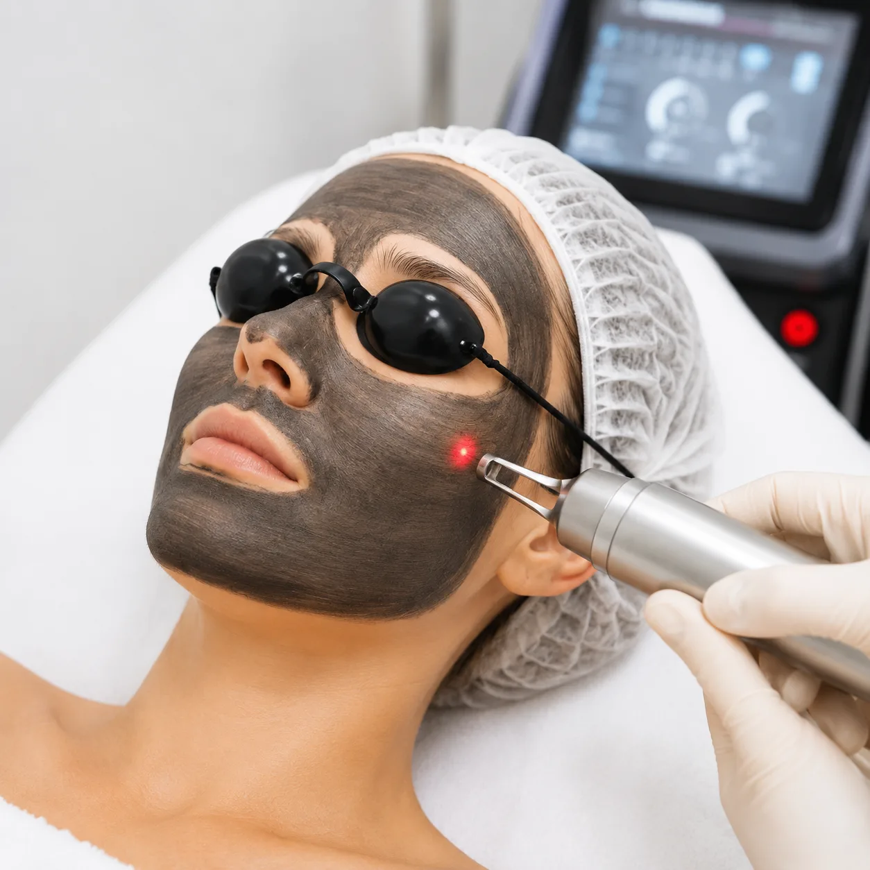 Hollywood Peel con maschera al carbone attivo e trattamento laser sul viso