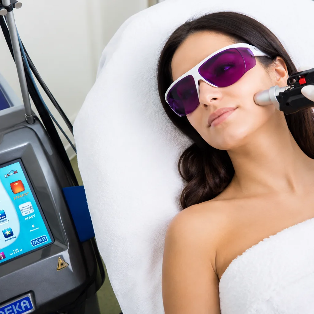 Epilazione laser del viso con manipolo Movéo DEKA su paziente con occhiali protettivi