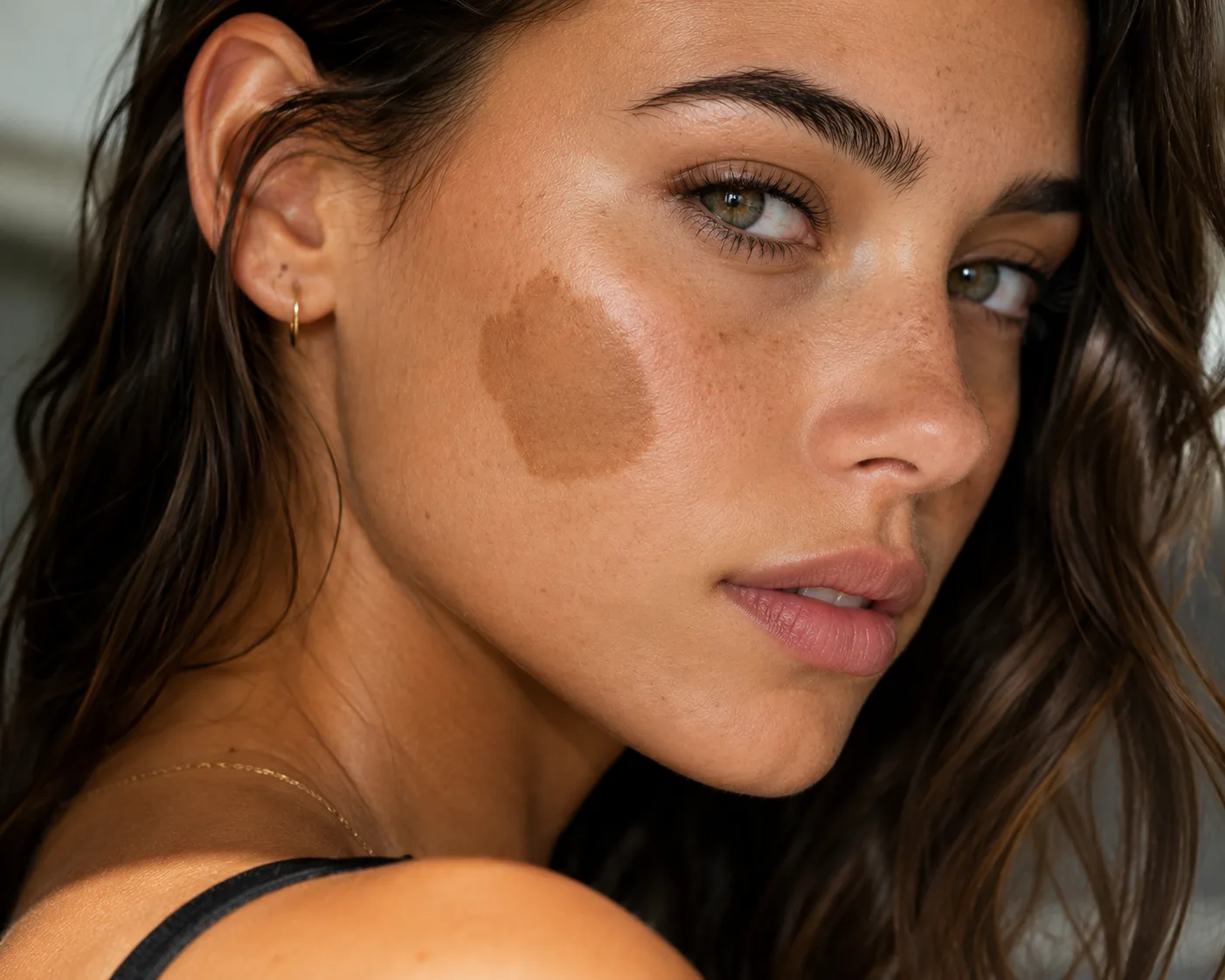 Volto femminile con macchia caffelatte sulla guancia e discromie cutanee del viso